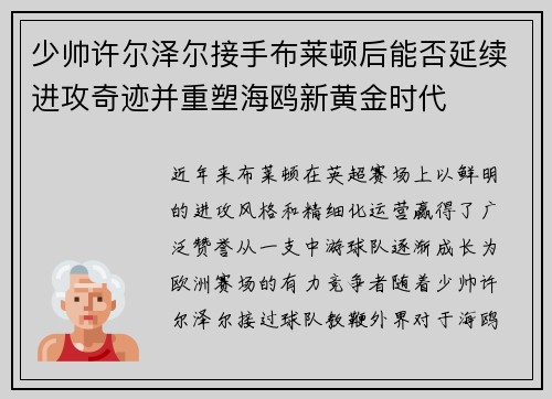 少帅许尔泽尔接手布莱顿后能否延续进攻奇迹并重塑海鸥新黄金时代