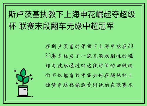 斯卢茨基执教下上海申花崛起夺超级杯 联赛末段翻车无缘中超冠军